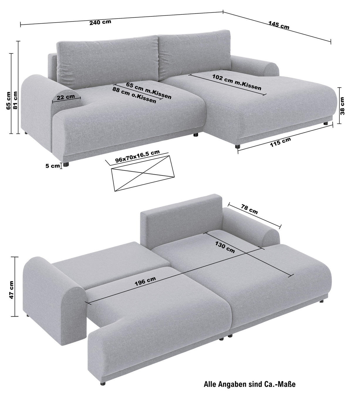 ECKSOFA mit Schlaffunktion, Bettkasten, extrabreite Ottomane rechts, abgerundete Armlehnen, B240/T145/H81 cm, Chenille Hellgrau / 21025 - Hellgrau/Schwarz, Kunststoff/Textil (240/145cm) - luma-home