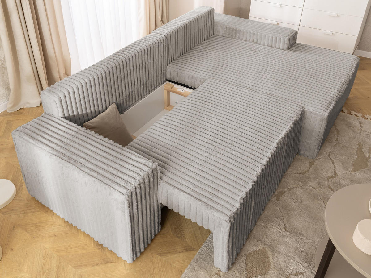 ECKSOFA Rivio mit Schlaffunktion und Bettkasten, Plüschcord Hellgrau - Hellgrau/Schwarz, Holz/Kunststoff (262/149cm) - S-Style