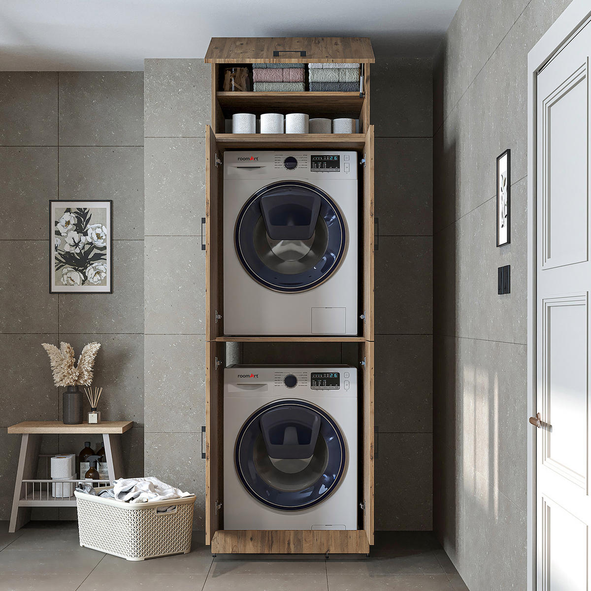 WASCHMASCHINENSCHRANK DORA-II 70cm Breit, 230cm Hoch - Eichefarben, Holzwerkstoff (70/230/74cm)
