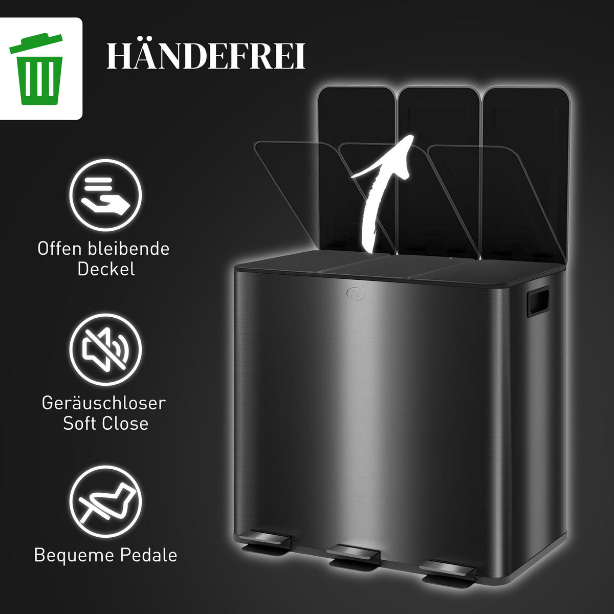 MÜLLEIMER 3x20L Abfalleimer aus Edelstahl mit Softclose Deckel Deodorant-Fächern - Anthrazit, Metall (36.6/43.2/61.9cm) - HOMCOM