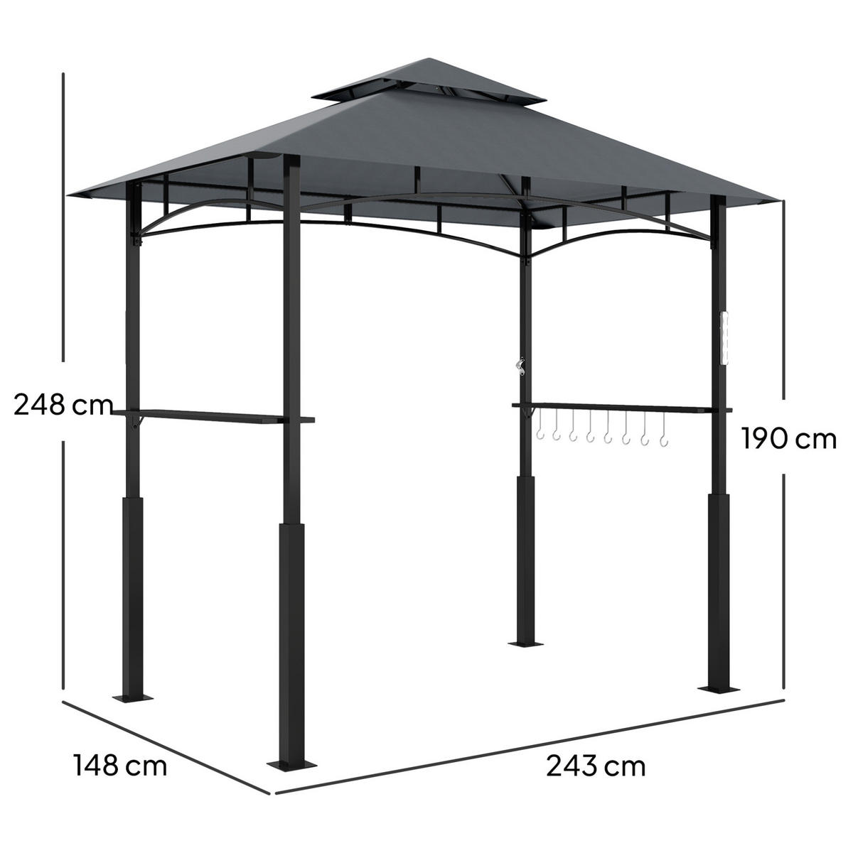 PERGOLA Grillpavillon 243/148/248 cm aus Metall mit Doppeldach und LED-Licht Dunkelgrau - Dunkelgrau, Metall (243/248/148cm) - Modenvie