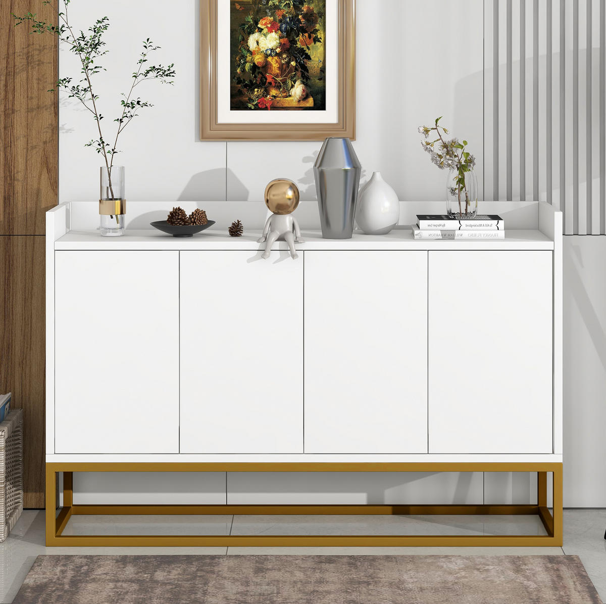 SIDEBOARD grifflos 120 x 30 x 80 cm Weiß 4-türig - Weiß, Holzwerkstoff (120/80/30cm) - Meubliv