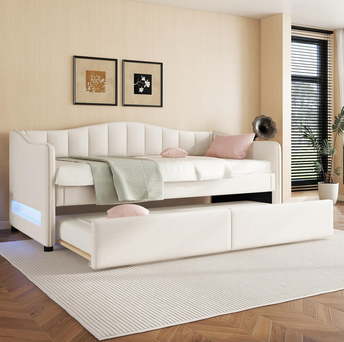 POLSTERBETT 90/200 cm Beige aus Leinen mit ausziehbarem Rollbett - Beige, Textil (90/200cm) - OKMYHOME