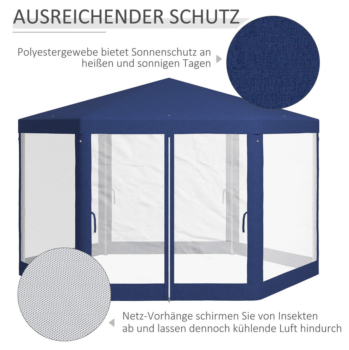 GARTENPAVILLON 394/341,2/250 cm mit wasserabweisendem Polyesterdach und Netzvorhängen, Blau - Blau, Textil (341.2/250/394cm) - Redom