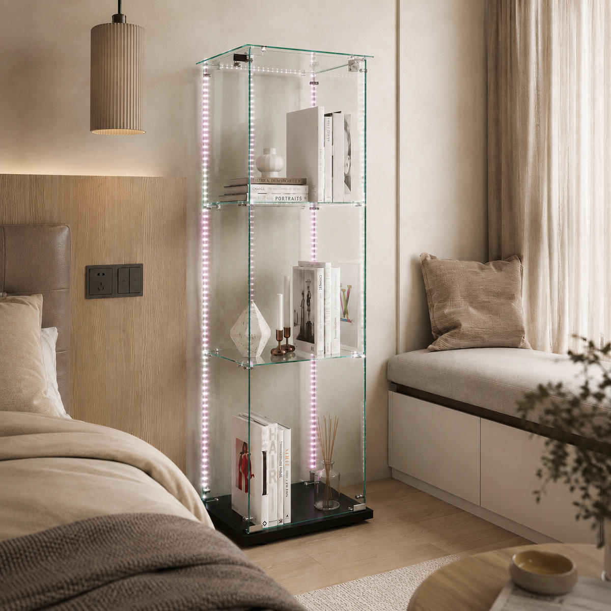 VITRINE mit RGB-Randbeleuchtung, 3-stufig, Schwarz - Schwarz, Glas (39.8/123.3/35cm) - Joyfair