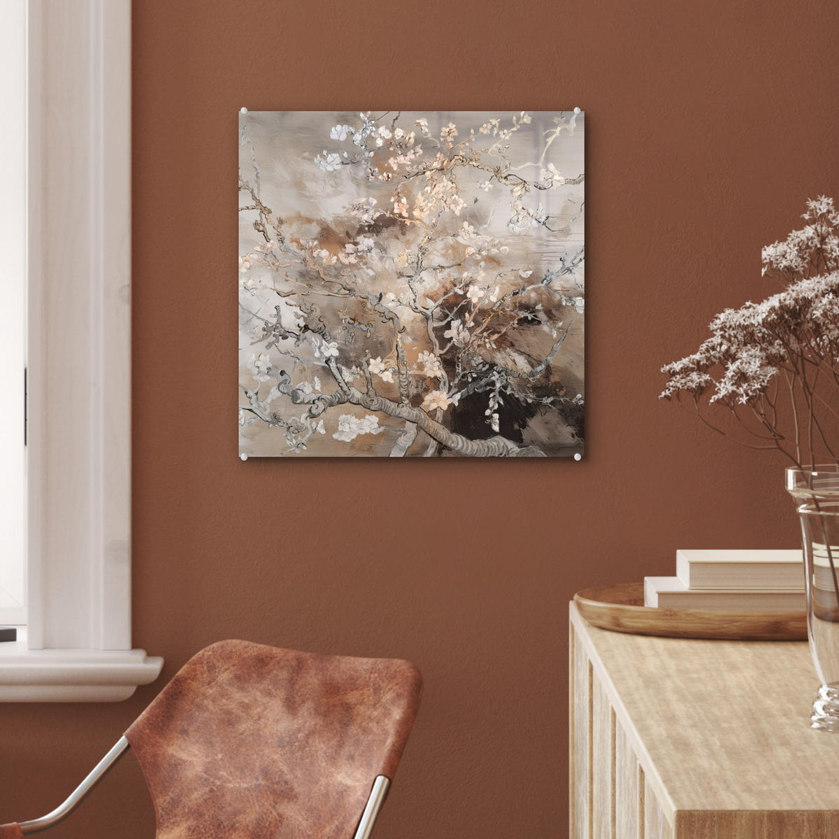 ACRYLGLASBILD Mandelblüte - Kunst - Van Gogh - Beige - Abstrakt 50x50 cm - Braun, Glas (50/50cm) - MuchoWow