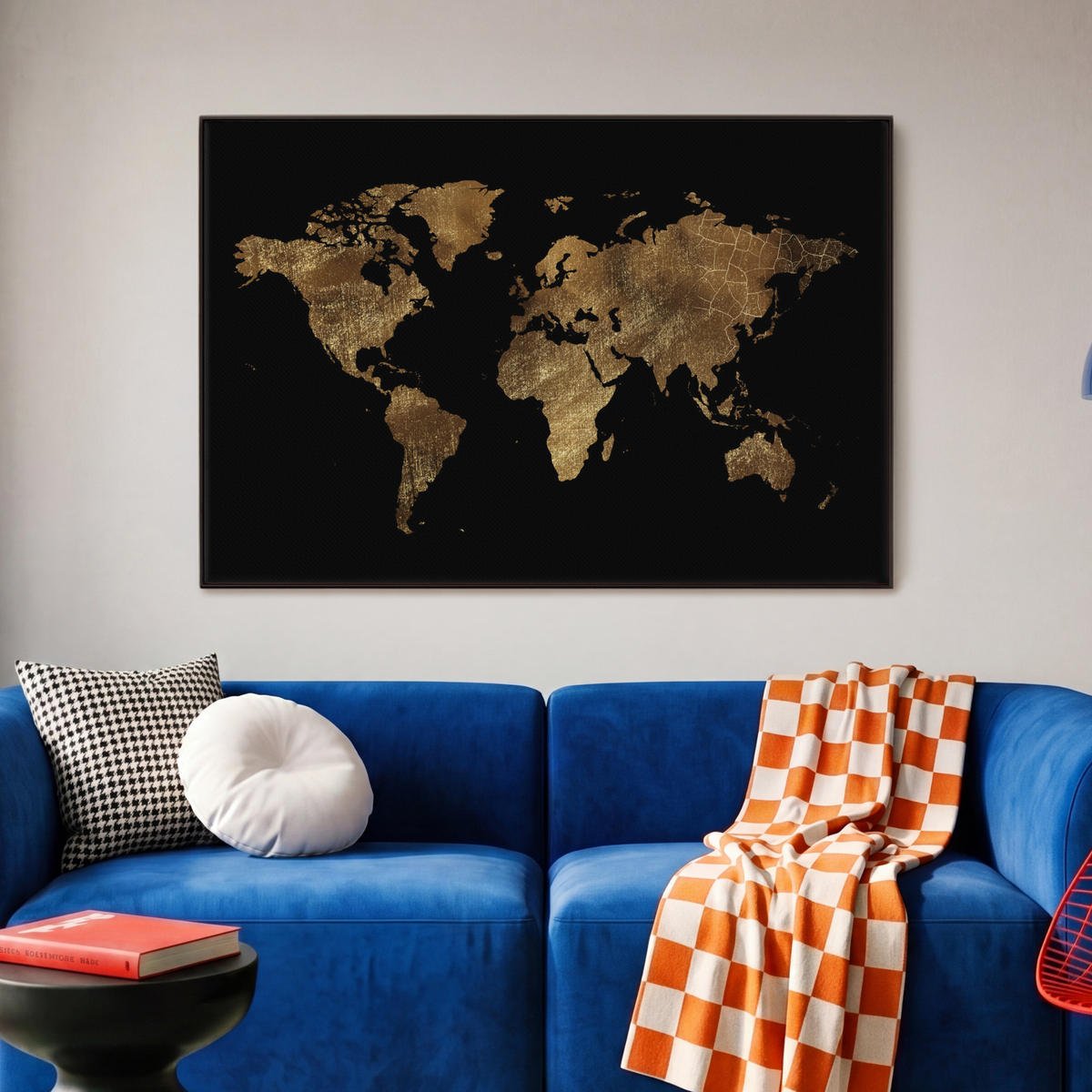 LEINWAND Bilder mit Rahmen - Weltkarte - Gold - Luxus - Erde - Schwarz - 90x60 - Goldfarben, Textil (90/60cm) - MuchoWow
