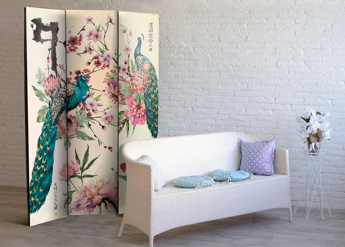 PARAVENT Einseitig Bedruckter 3-tlg 135x172 cm Pfauen V gel und Blumen - Multicolor, Holz/Textil (135/172/3cm) - Muralo