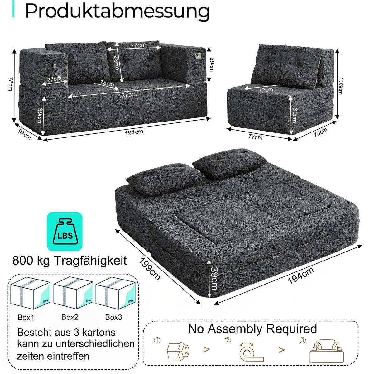 SCHLAFSOFA 2-in-1 2-Sitzer mit Sessel Stoff Dark Grey 2-tlg. - Dunkelgrau, Holzwerkstoff (194/39/199cm) - Meubliv