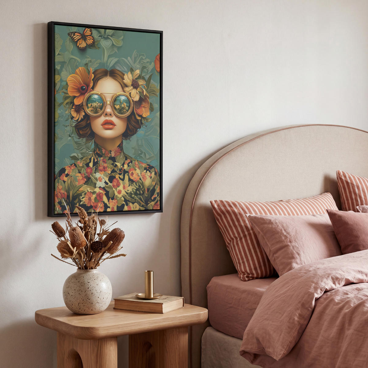 LEINWAND Bilder mit Rahmen - Frau - Blumen - Schmetterlinge - Natur - Vintage - 40x60 - Salbeigrün, Textil (40/60cm) - MuchoWow