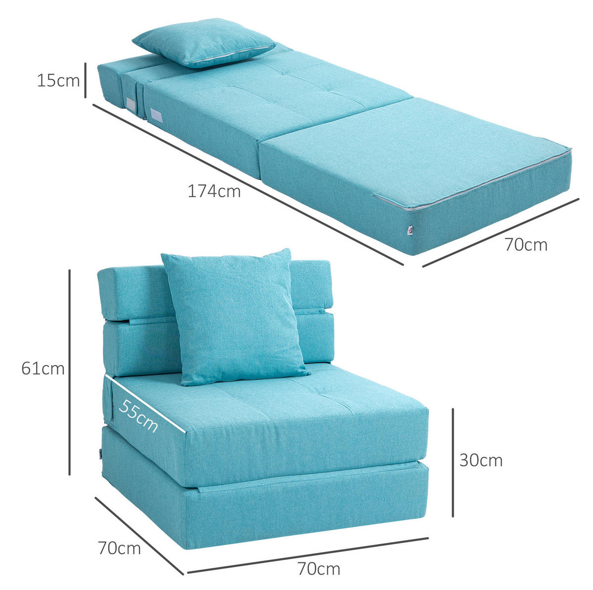 SCHLAFSESSEL 2-in-1 mit Schlaffunktion 70/70/61 cm / 70/174/15 cm Blau - Blau, Textil (70/61/70cm) - Redom