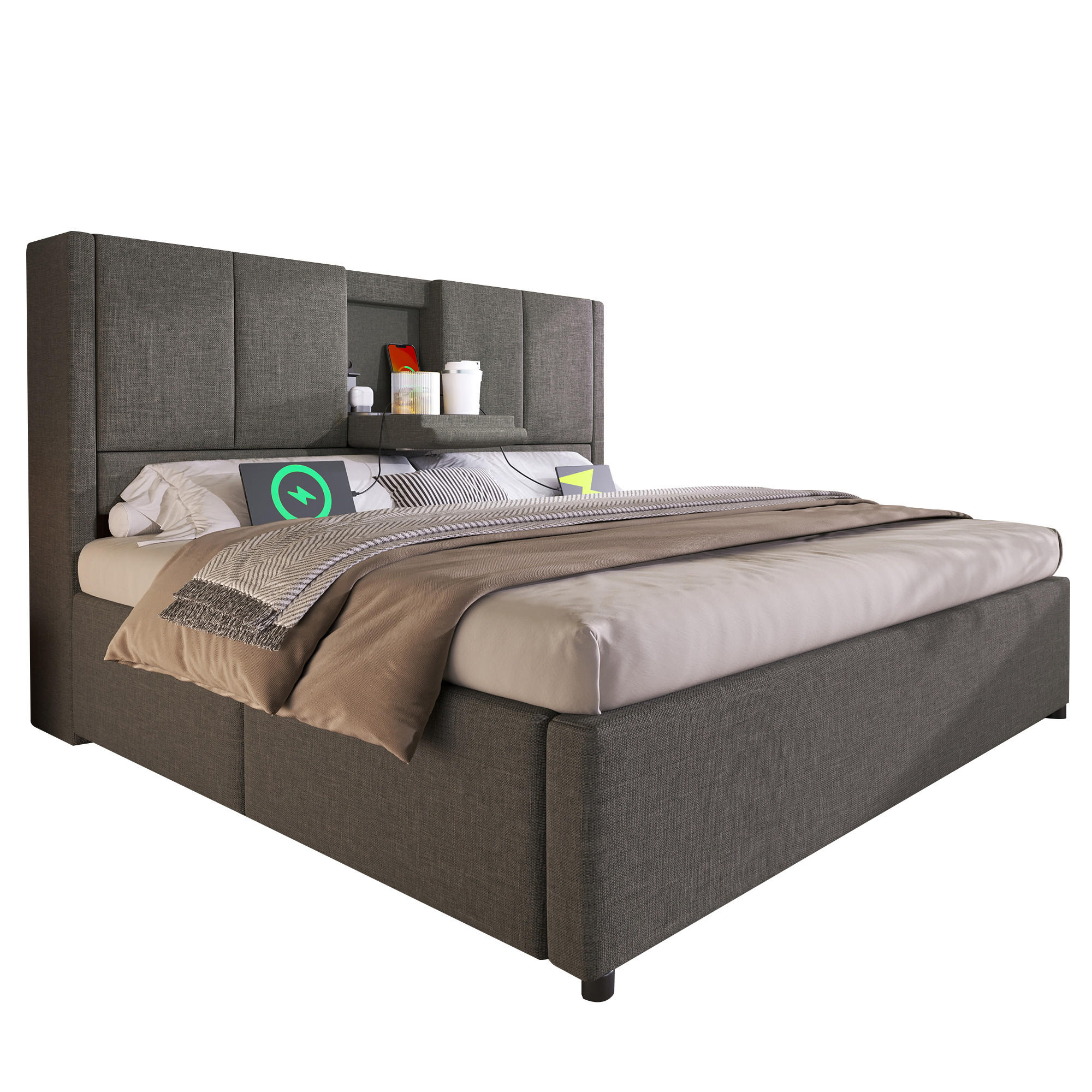 POLSTERBETT aus Leinen 140x200 cm in Grau mit Ladestation & Becherhalter - Grau, Textil (140/200cm) - Modfu