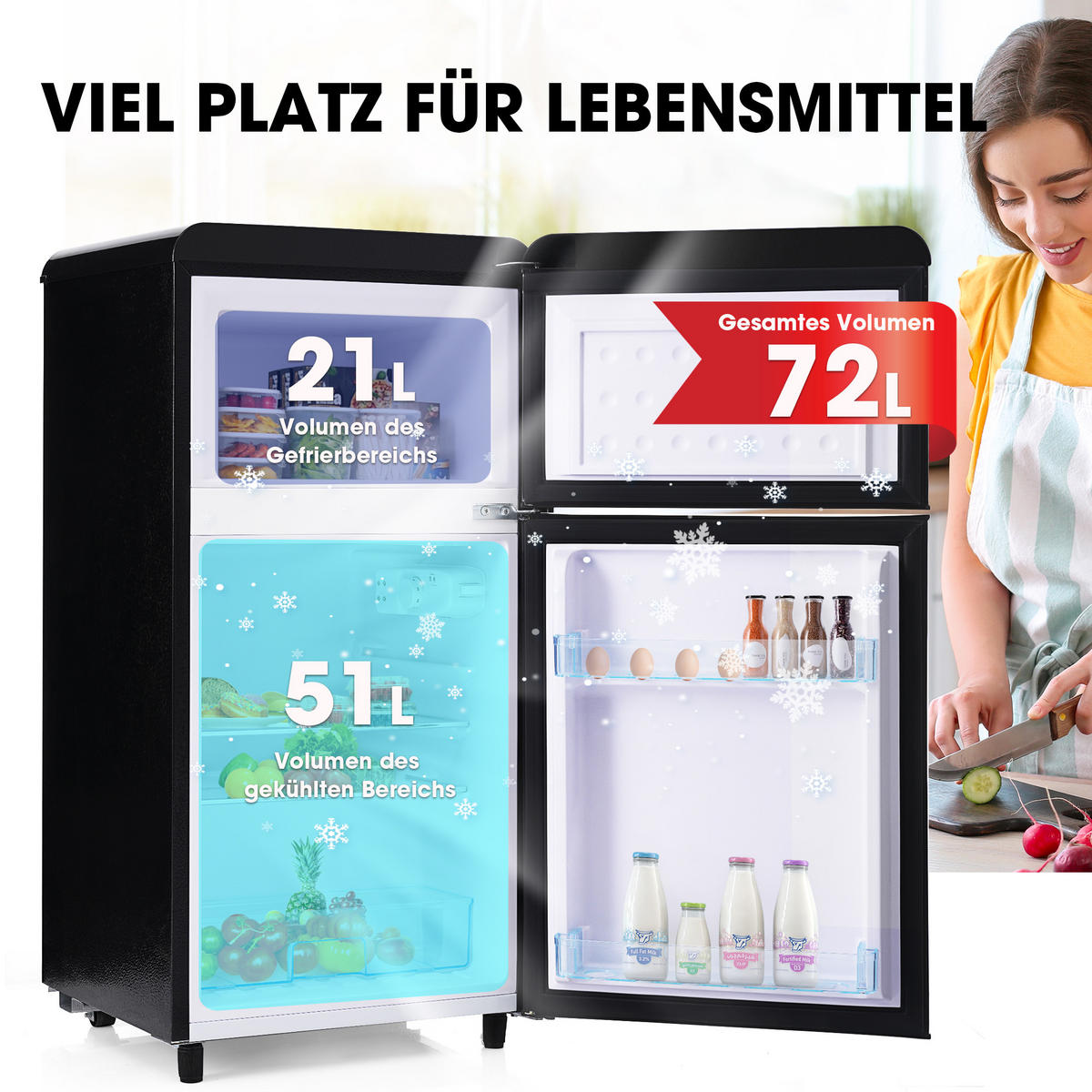 KÜHLSCHRANK 46/45/91 cm Schwarz 72L mit LED-Licht - Schwarz, Metall (45/91/46cm) - Oxeza