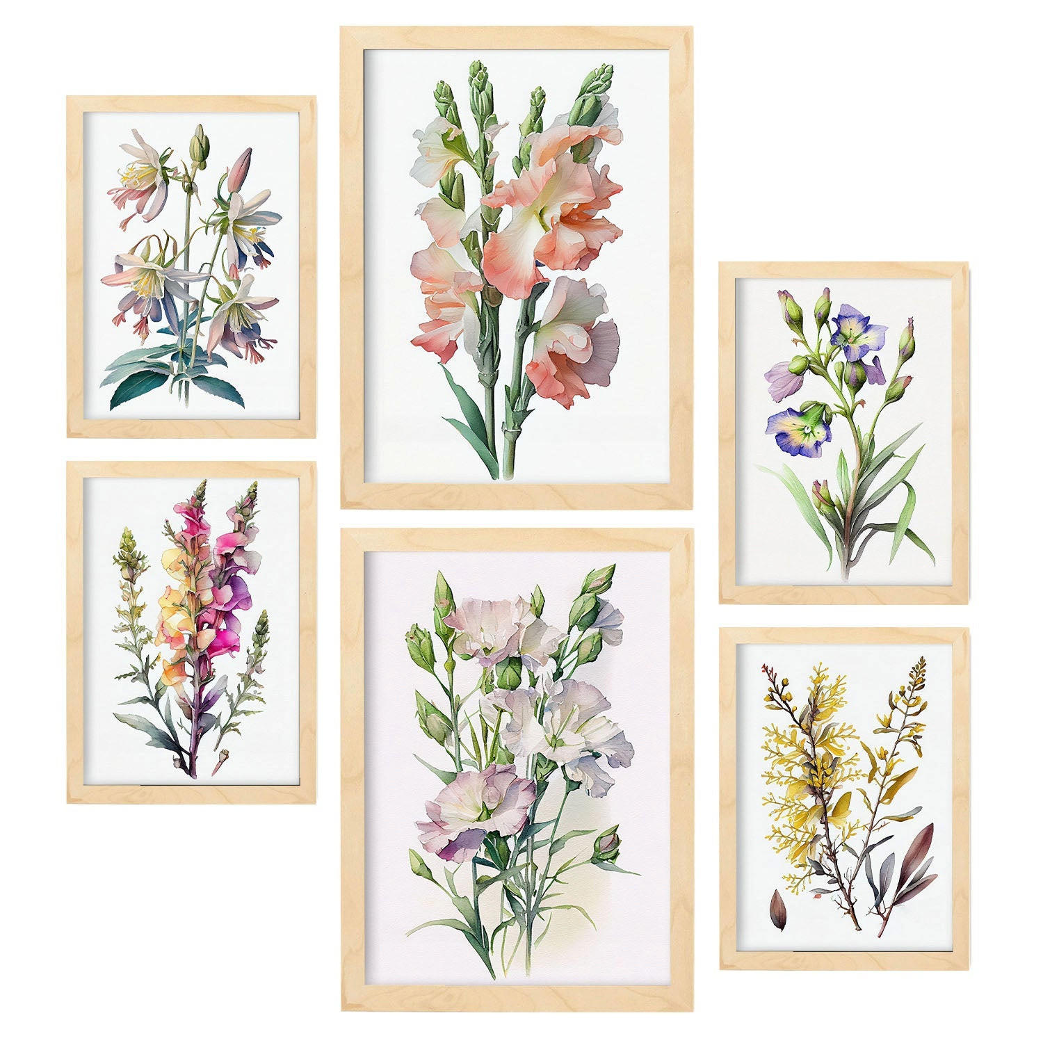 POSTER Set Mit 6 Wilde Blumen Vollfarbige Natur Und Botanikdrucke Mit Blumenmotiven Auf Reinweißen Hintergründen A3 & A4 Rahmen Aus Hellem Holz - Beige, Papier (29/3cm) - Nacnic