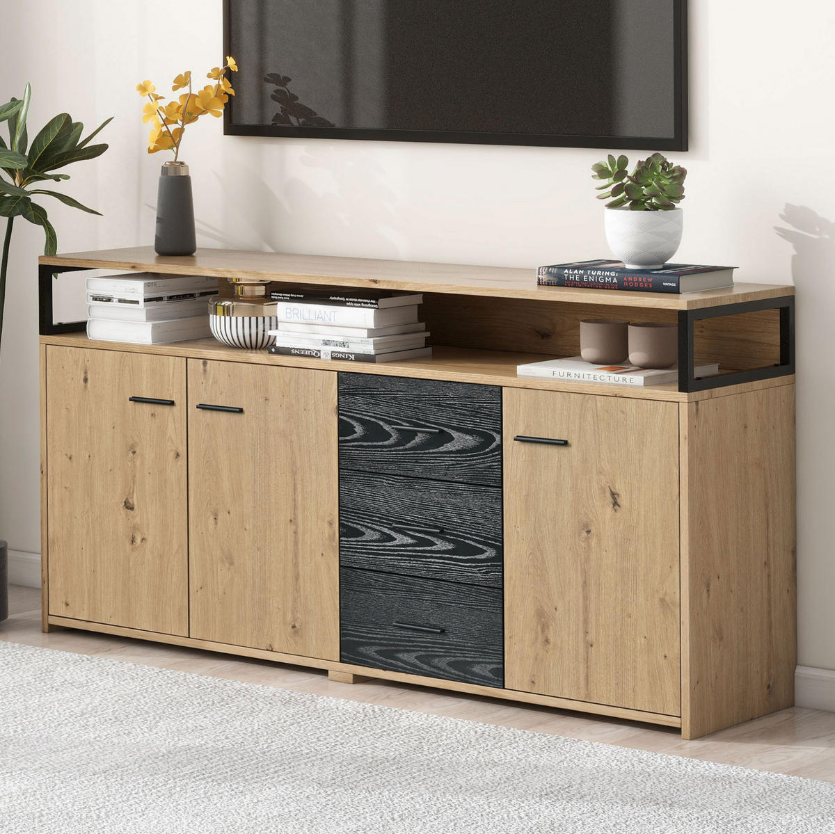 SIDEBOARD 150/35/75,9 cm aus Spanplatte mit 3 Türen und 3 Schubladen Schwarz/Braun - Naturfarben, Holzwerkstoff (150/75.9/35cm) - Modenvie