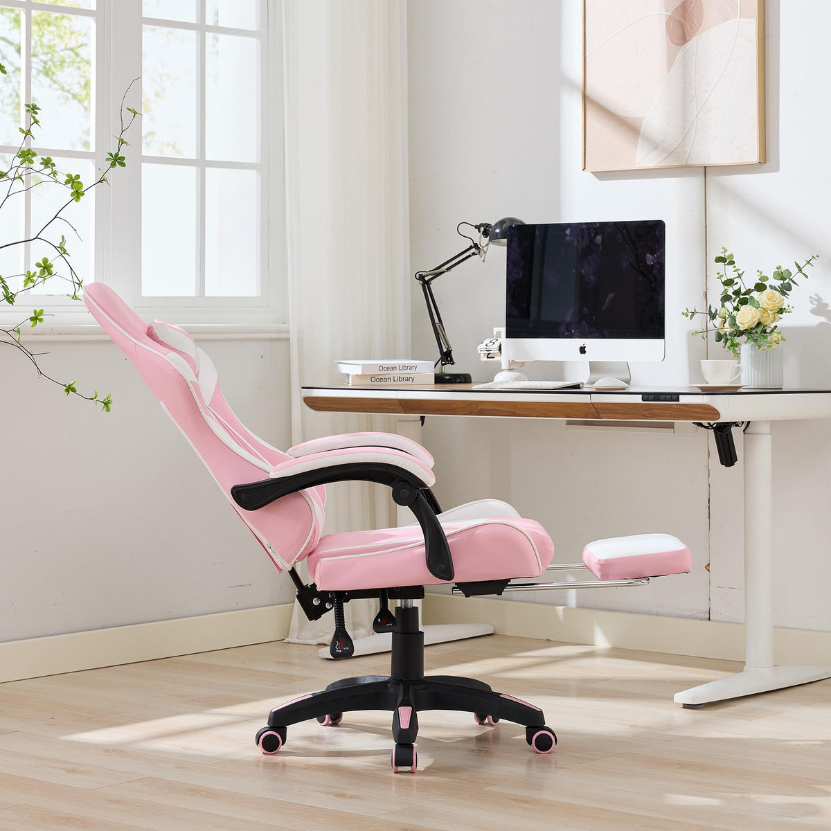DREHSTUHL B64 / T58 / H116.5-126 cm,, ergonomisch gepolstert, drehbar mit Fußstütze, Weiß und Rosa - Pink, Kunststoff (58/116.5/64.5cm) - Redom