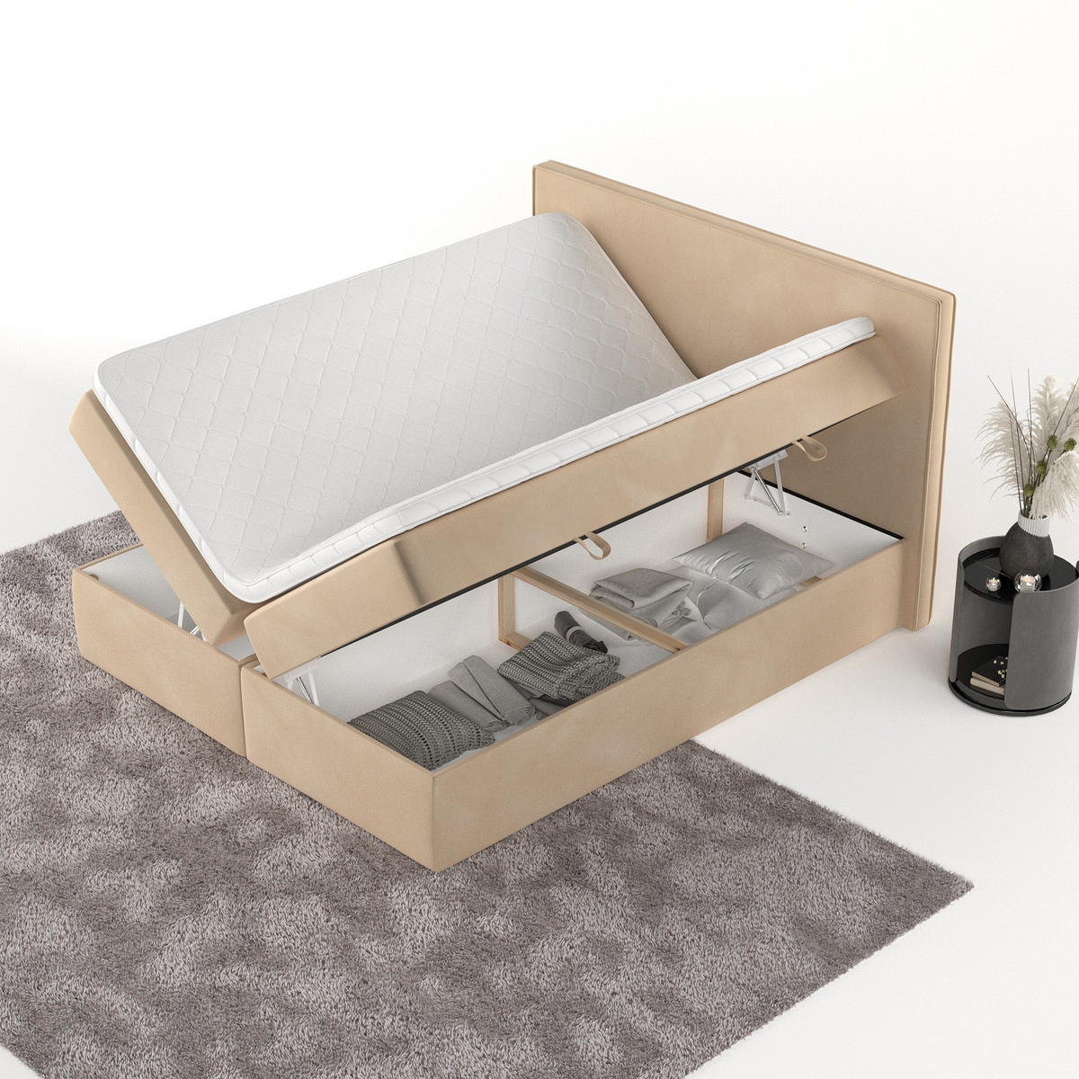 BOXBETT Nuvia 140/200 cm Beige im Kronos Stoff - Beige/Schwarz, Holz/Holzwerkstoff (140/200cm) - AltaBeds