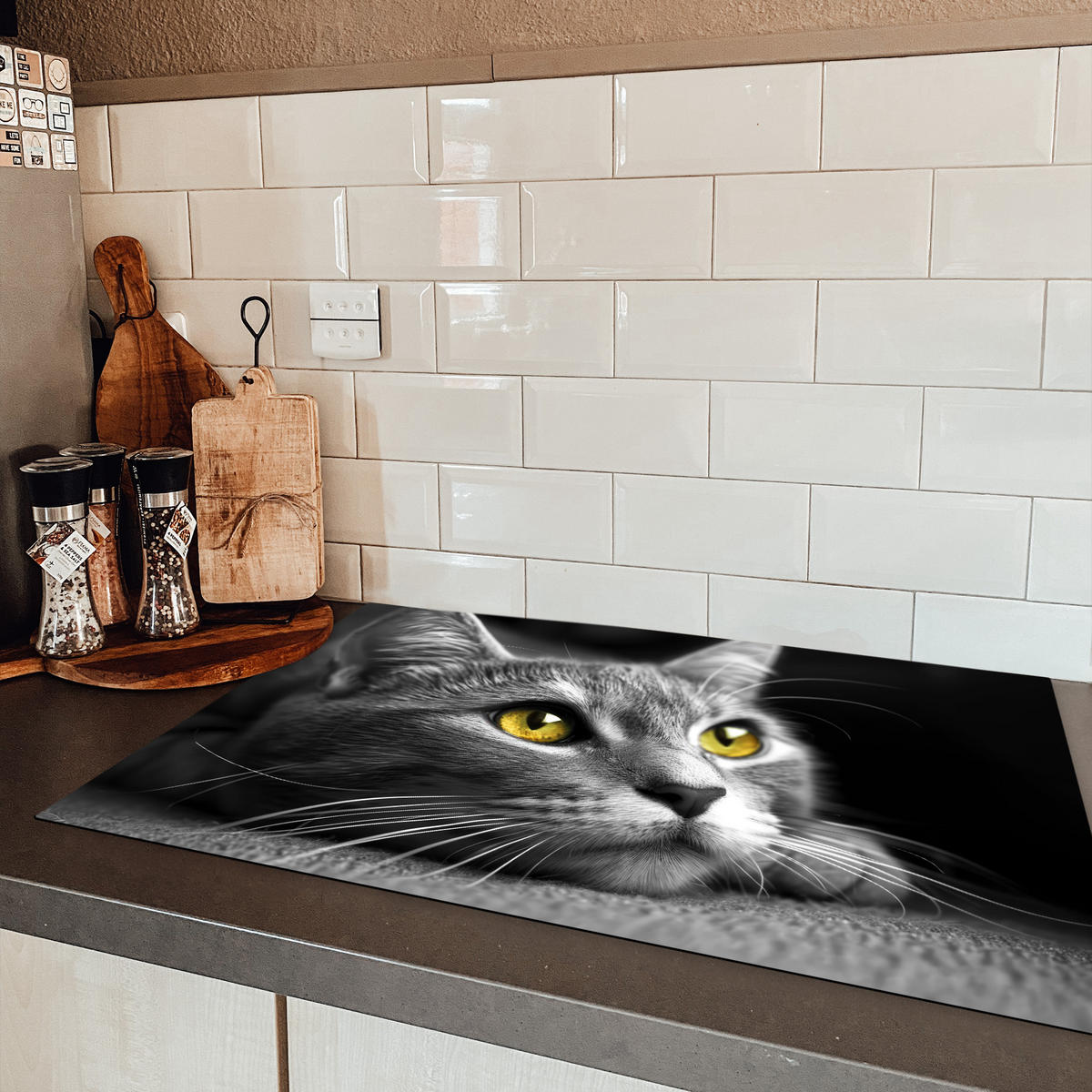 HERDABDECKPLATTE Katze - Grau - Tiere - Katze 81x52 cm - Grau, Kunststoff (81.6/52.7/0.2cm) - MuchoWow