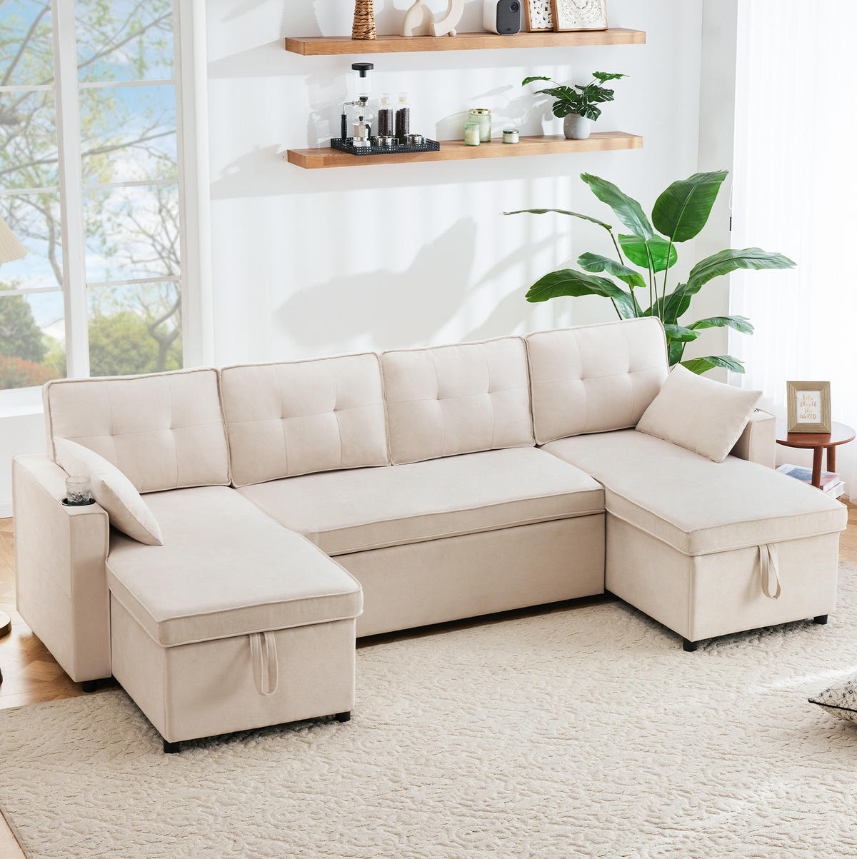 SCHLAFSOFA 270/130/86 cm in Beige – ausziehbar mit Stauraum und Getränkehaltern - Beige, Textil (130/86/270cm) - BEAOK