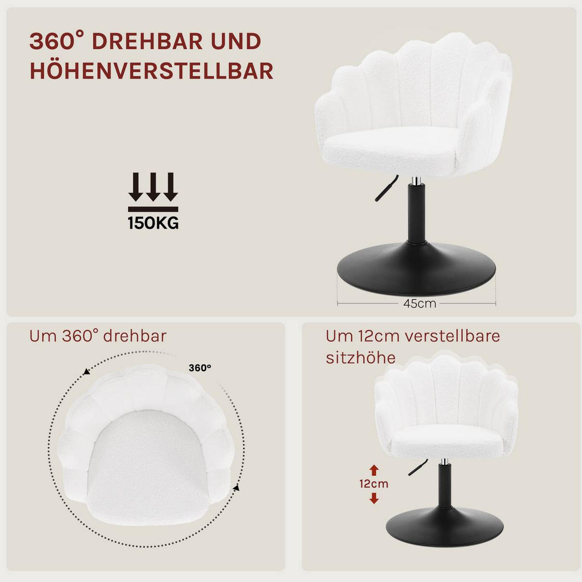 DREHSTUHL, Blumenform, Boucle-Stoff, Schminkstuhl, Weiß - Schwarz/Weiß, Textil/Metall (55/67/50cm) - Woltu