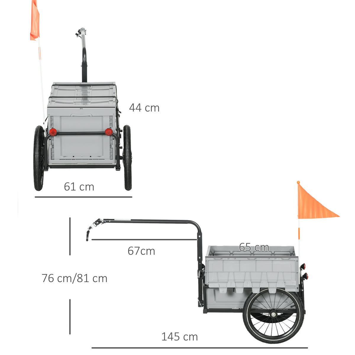 FAHRRADANHÄNGER DE-18150 65 L, abnehmbarer & klappbarer Koffer Grau - Grau, Metall (61/81/145cm) - ComfortXL
