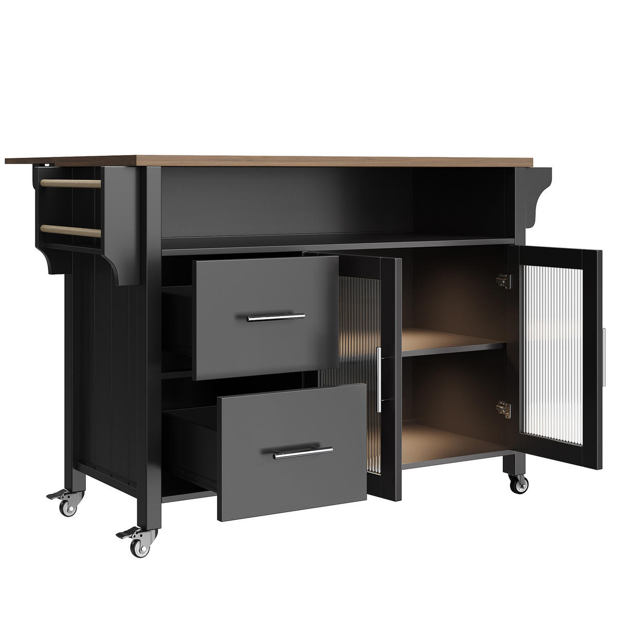 KÜCHENINSEL, LED, Glasvitrine, Rollen, Handtuchhalter, Schwarz - Schwarz, Holzwerkstoff (40/94.5/139cm) - FLIEKS