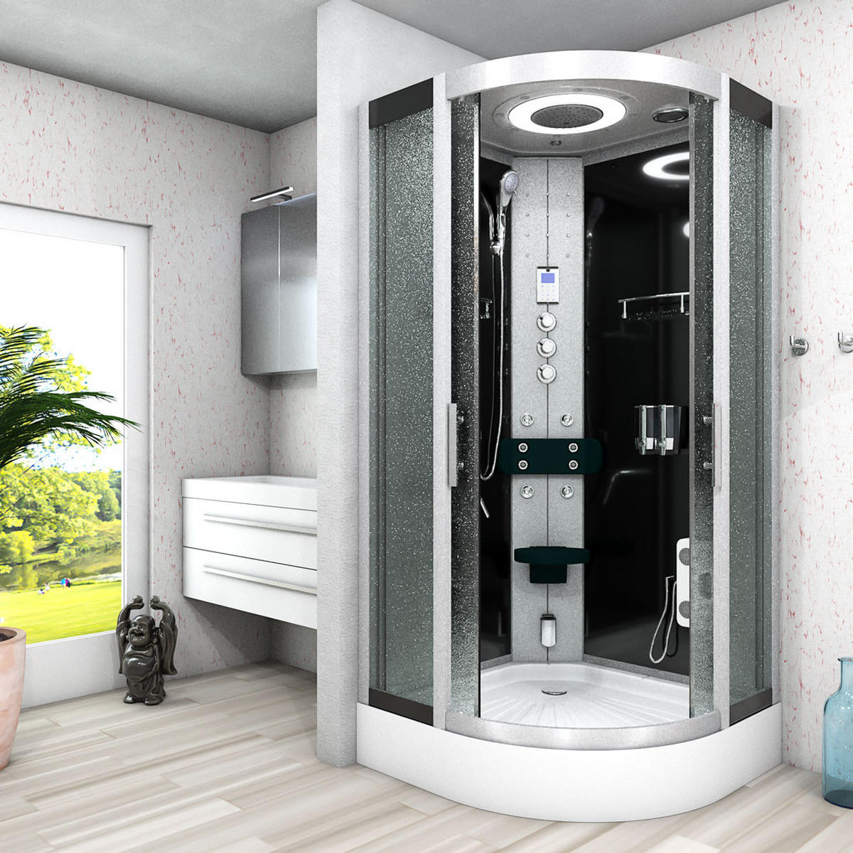 DAMPFDUSCHE Duschkabine D58-23M3-EC sw 100x100 - Schwarz, Glas/Kunststoff (100/100/215cm) - AcquaVapore by Sandra Jentho