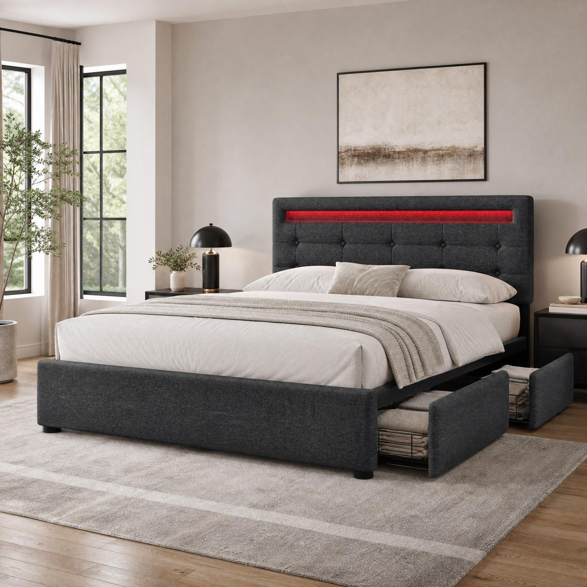 POLSTERBETT 140/200 cm in Grau mit 4 Schubladen, LED und verstellbarem Kopfteil Leinen - Grau, Holzwerkstoff/Textil (140/200cm) - STILVORA