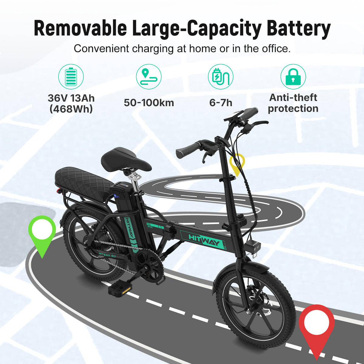 E-BIKE BK5SL Faltbar mit 36V 13Ah Akku und 3 Gang Modus - Schwarz, Metall (64cm) - HITWAY