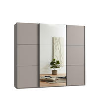 SCHWEBETÜRENSCHRANK 3-türig B250/H216/T65 cm in Sandgrau, eine Spiegeltür, Kleiderschrank inkl. Vollausstattung / 22014 - Sandfarben/Rot, Holzwerkstoff/Metall (250/216/65cm) - luma-home