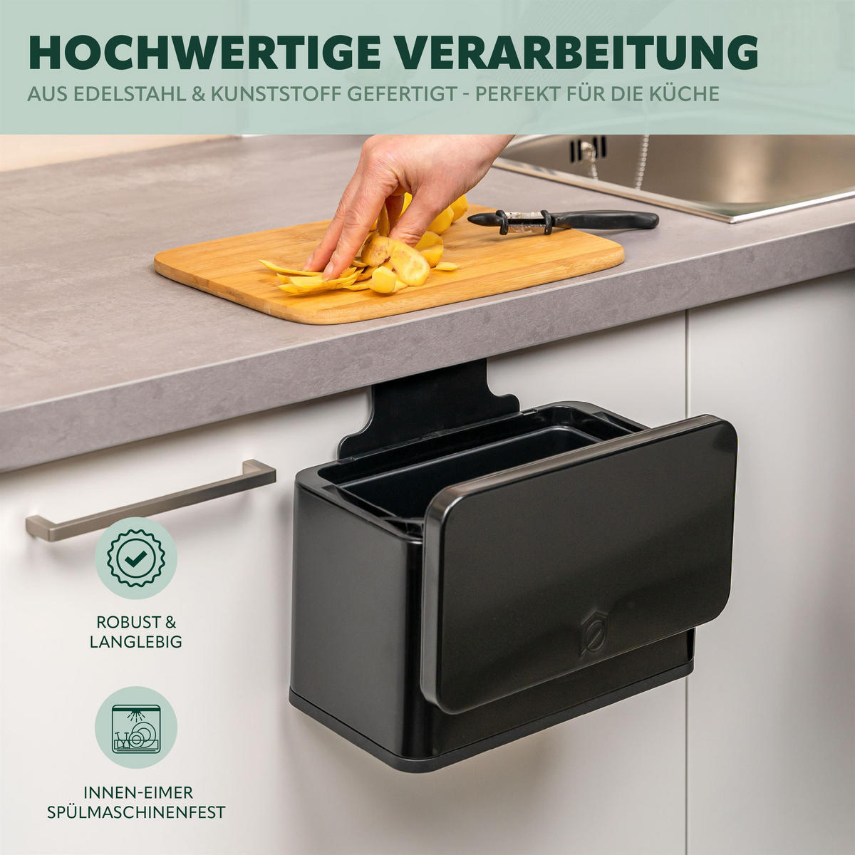 BIOMÜLLEIMER 3 Liter, Edelstahl, schwarz - Schwarz, Metall (26/17/14cm) - eluno