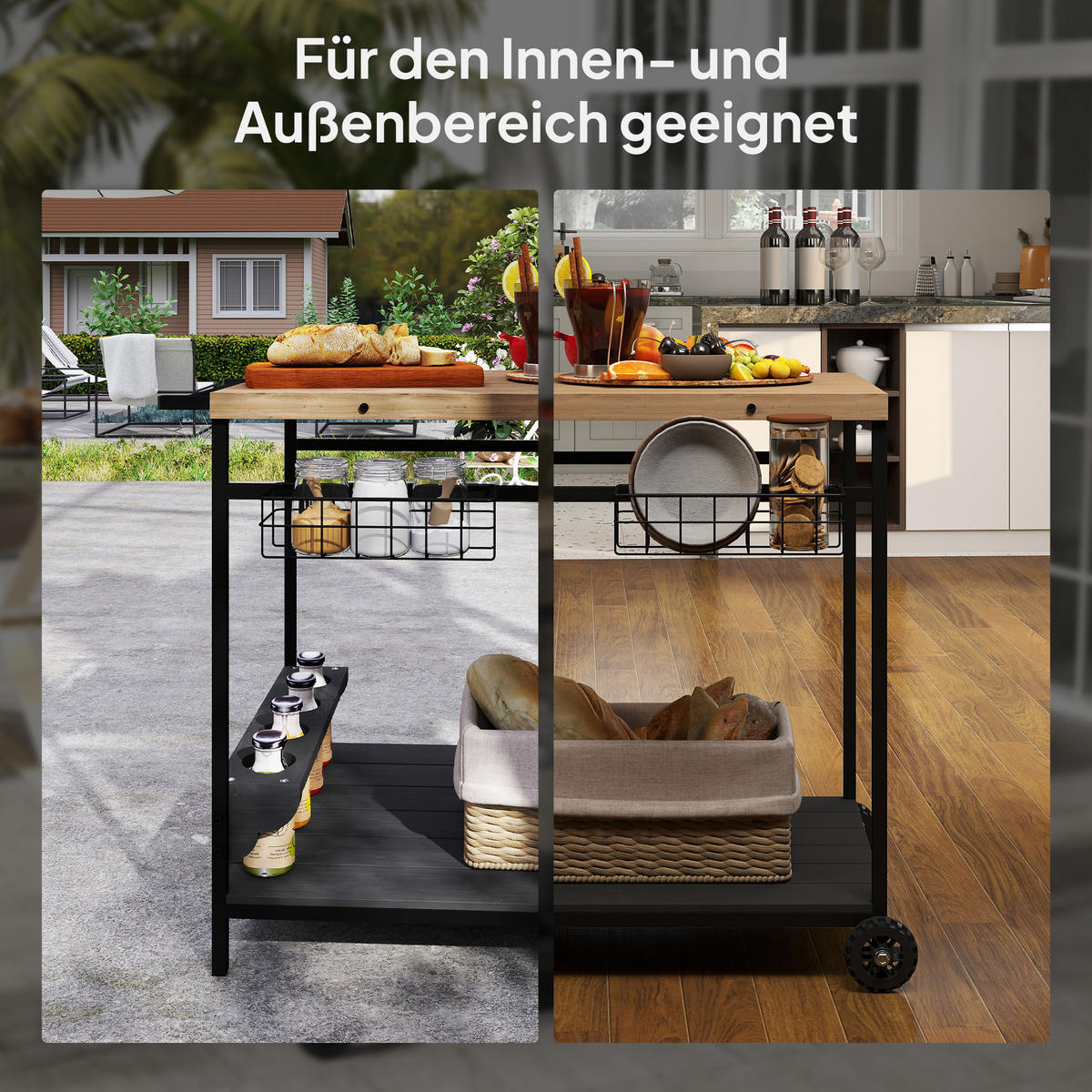 GARTENROLLWAGEN mit 2 Ebenen, mit Aufbewahrungskorb, mit Griff, Tanne, Natur - Fichtefarben, Holz/Metall (65/81/97.5cm) - Outsunny