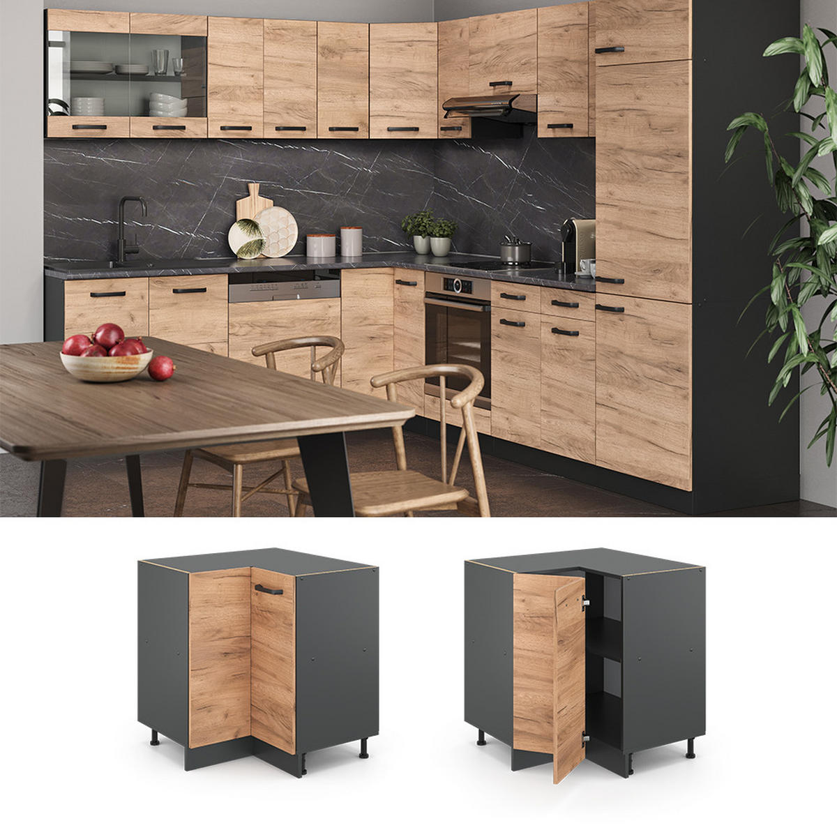 ECKUNTERSCHRANK R-Line Goldkraft Eiche 75.6 cm ohne AP - Anthrazit/Eiche Wotan, Holzwerkstoff (75.6/81.6/46cm) - Vicco