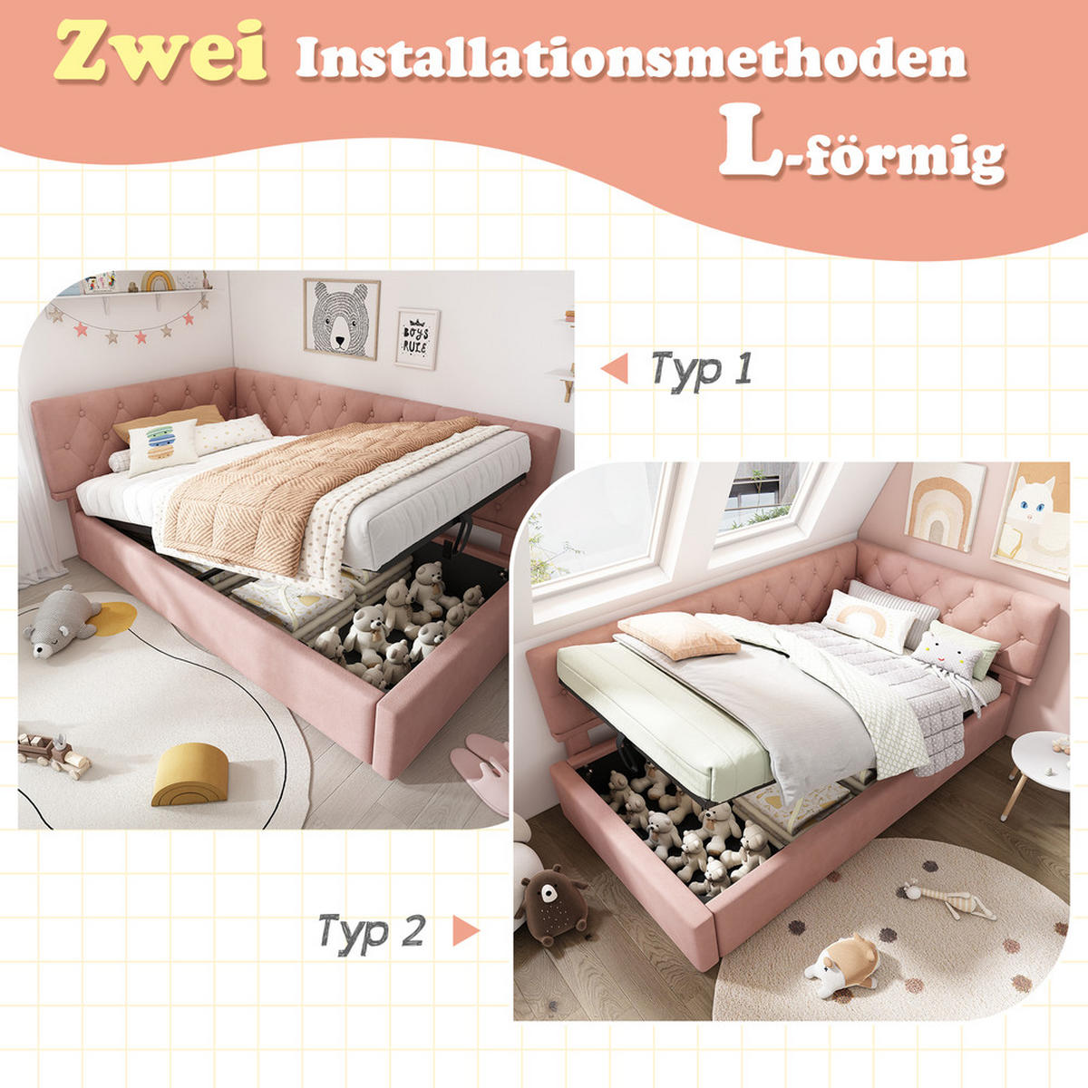 TAGESBETT 90x200cm Schlafsofa mit hydraulischem Stauraum Samt Rosa - Pink, Holz (90/200cm) - FLIEKS