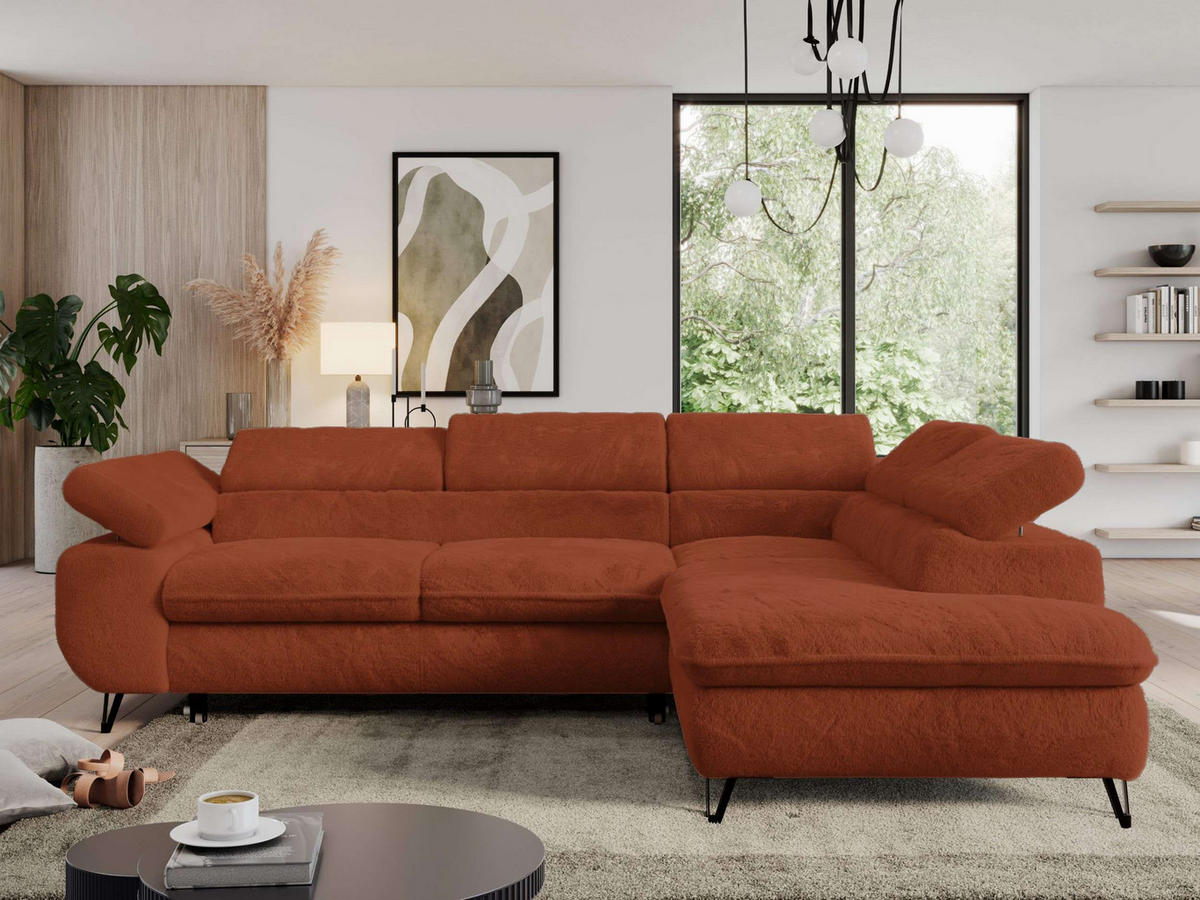 ECKSOFA PEDRO L Orange Plüsch - Rechts Seite - Schwarz/Orange, Textil/Metall (273/208cm) - MKS