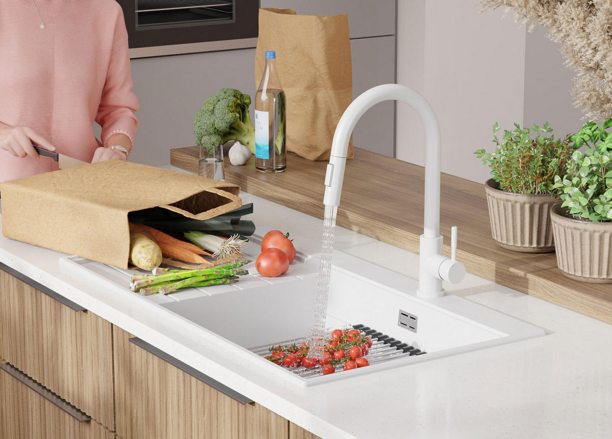 SPÜLBECKEN Sydney, 2-er set Weiß 90/50 cm 1 Becken + Ablauf-Set + Küchenzubehörset ab 60er Unterschrank - Chromfarben/Beige, Kunststoff (90/20/50cm) - Primagran