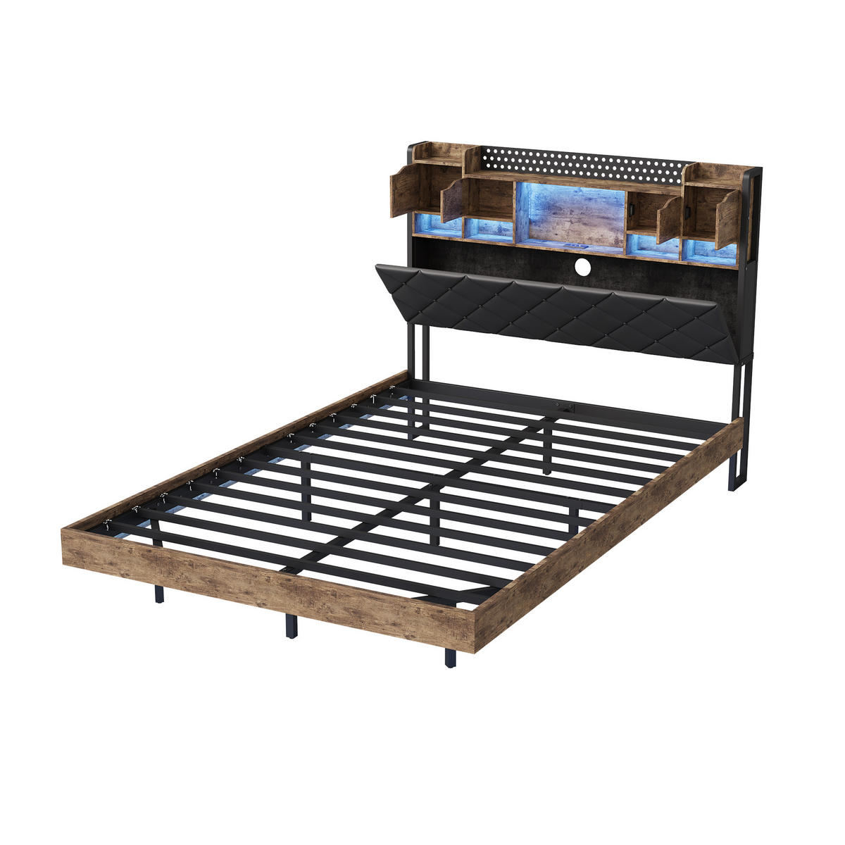 POLSTERBETT 140x200 cm mit LED & USB, Doppelbett mit Kopfteil Stauraum, Schwebebett Holzoptik Metall - Schwarz, Metall (140/200cm) - EuroLiving