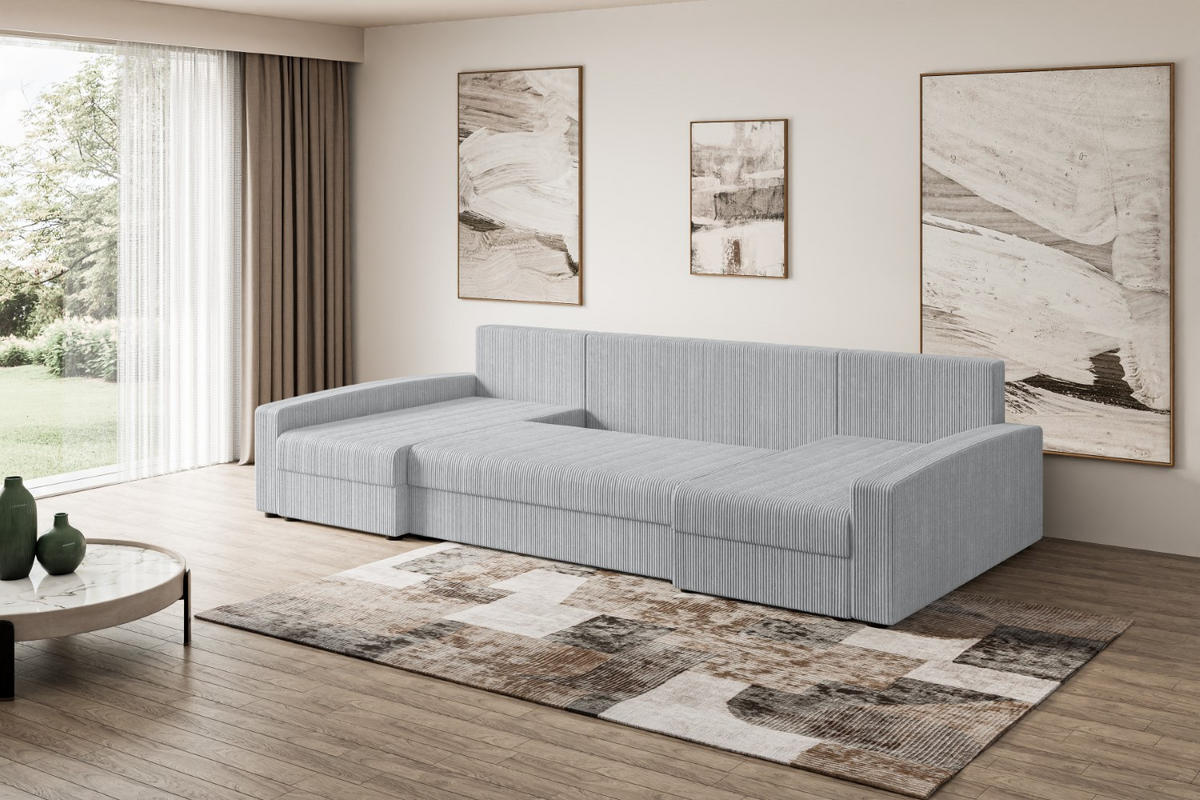 WOHNLANDSCHAFT mit Schlaffunktion und Bettkasten ALESIA-U 301x140x90 cm Grau Cord - Silberfarben/Grau, Holzwerkstoff/Kunststoff (301/90/140cm) - ALTDECOR