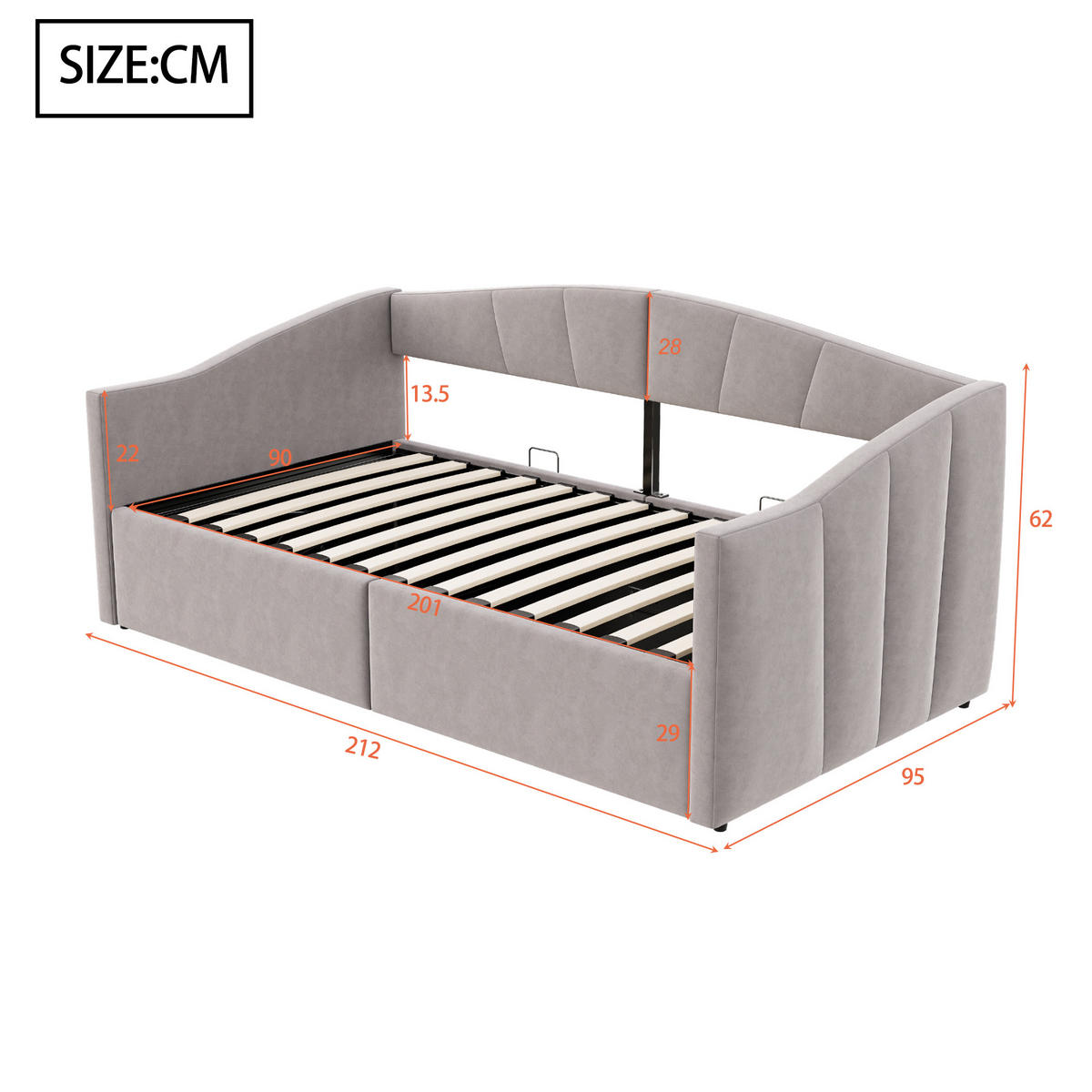 POLSTERBETT Sofabett 90/200 cm Hellgrau mit hydraulischem Speicher und Lattenrost - Hellgrau, Textil (90/200cm) - OKWISH