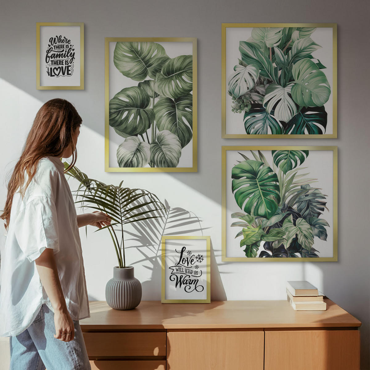 WANDBILDER 5er Set - 50x50 cm & 20x30 cm & 40x60 cm Goldrahmen - Gemalte Abstraktionen der Natur - Goldfarben, Kunststoff (40/60cm) - ArtPrintCave