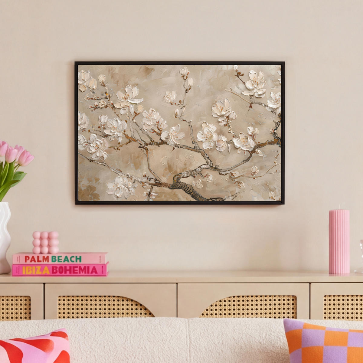 LEINWAND Bilder mit Rahmen - Blumen - Modern - Beige - Weiß - Blüte - 60x40 - Beige, Textil (60/40cm) - MuchoWow