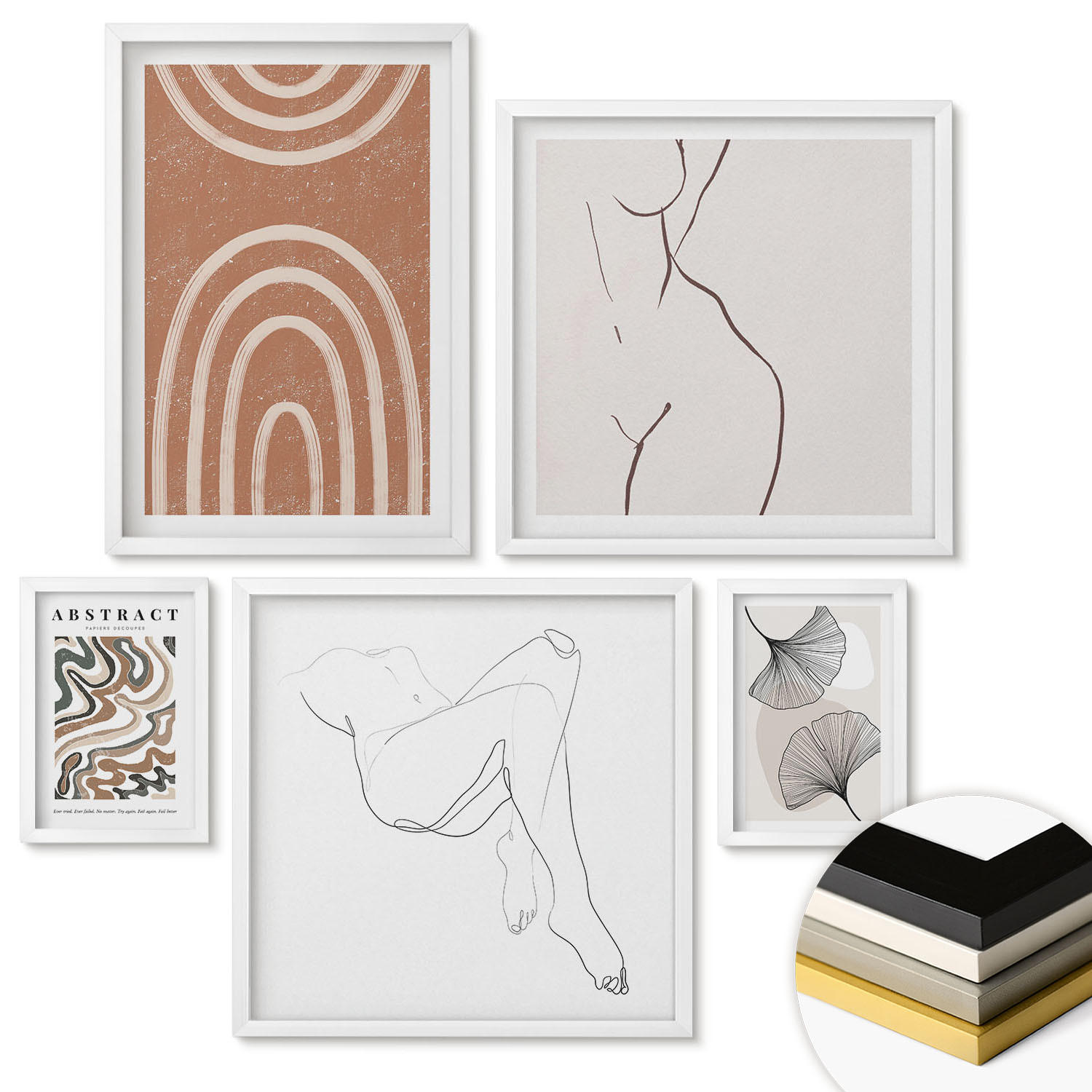 WANDBILDER 5er-Set - 50x50 cm & 20x30 cm & 40x60 cm Weißer Rahmen - Abstrakte Boho-Blattformen - Weiß, Kunststoff (40/60cm) - ArtPrintCave