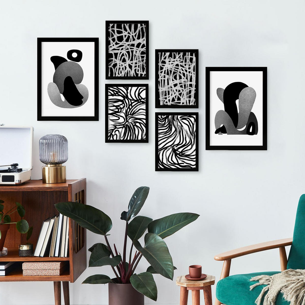 POSTER Set Mit 6 Kaput Handwerk In Liebhaber Abstrakt Ästhetische Dekorative Gemälde Für Ihr Wohnzimmer Schlafzimmer Zuhause A3 & A4 Schwarzer Rahmen - Schwarz, Papier (29/3cm) - Nacnic