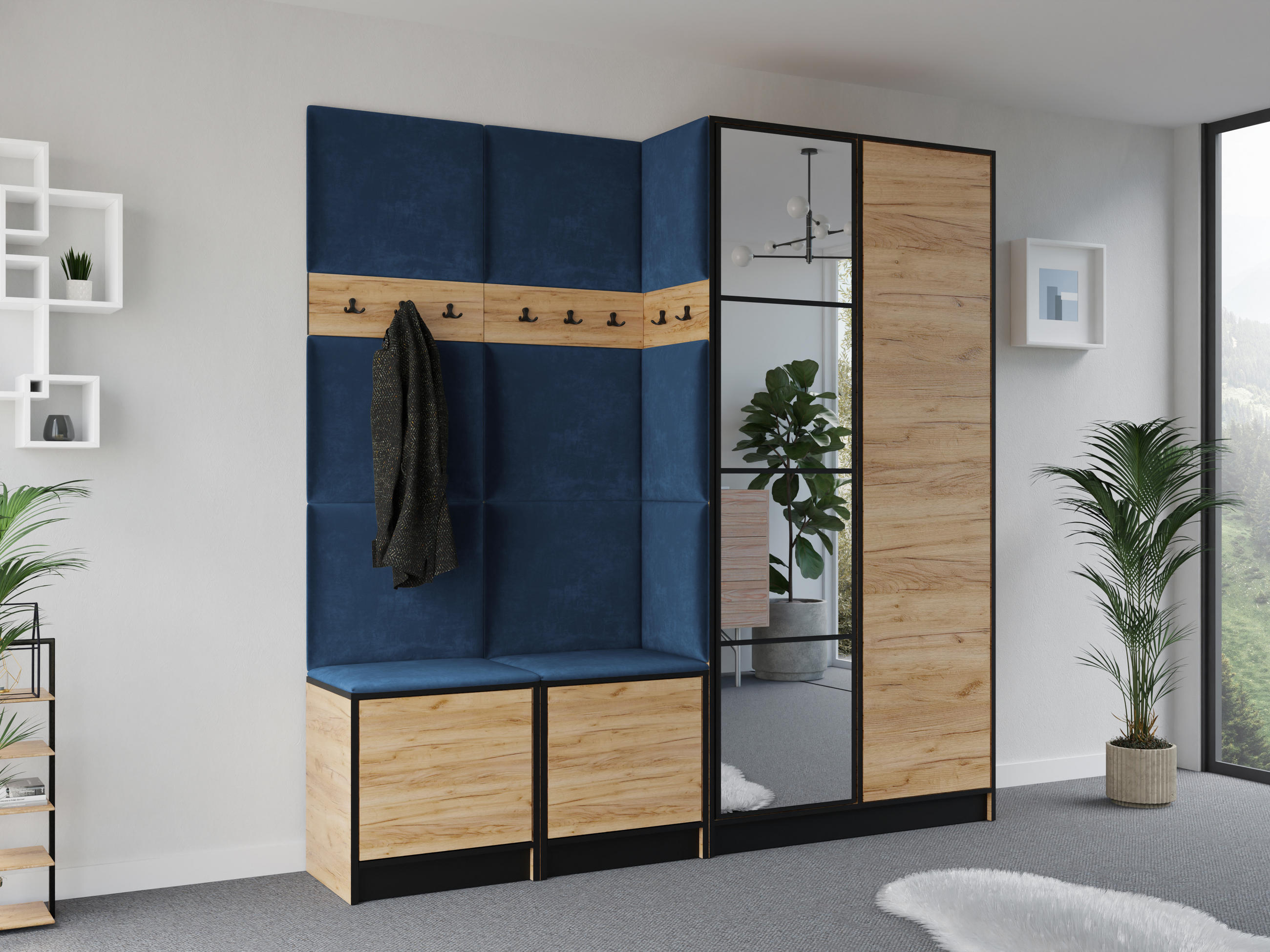GARDEROBENSCHRANK EDEN 21 mit Spiegel - Eiche Craft Gold & Stoff Blau - Honigeiche/Blau, Holzwerkstoff (211/205/39cm) - Kier Furniture