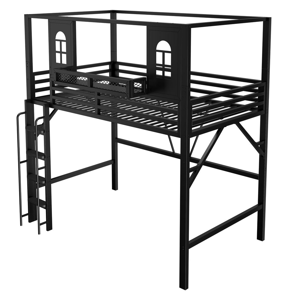 HOCHBETT aus Metall und MDF 90x200 cm Schwarz mit Dachdesign, Leiter und Ablagefach - Schwarz, Metall (90/200cm) - Modfu