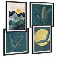 BILDER SET 4er Set - 50x50 cm & 40x60 cm Schwarzer Rahmen - Vögel, Kraniche, Mond, Berge - Schwarz, Kunststoff (50/50cm) - TULUP