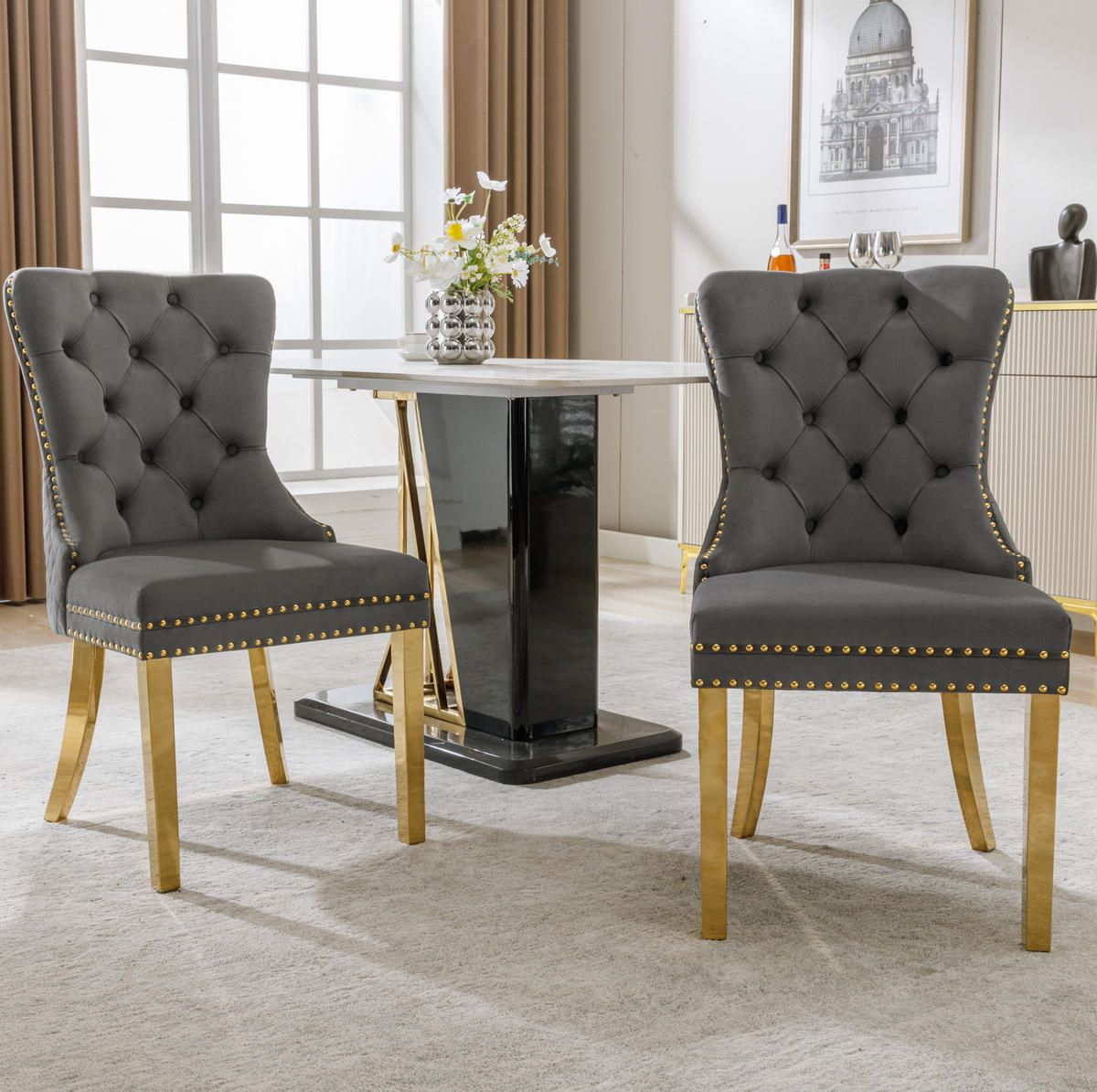 ESSZIMMERSTUHL 2er-Set Samt mit Zugring 50,5 x 45 x 95 cm Grau/Gold - Grau, Metall (45/95/50.5cm) - Meubliv