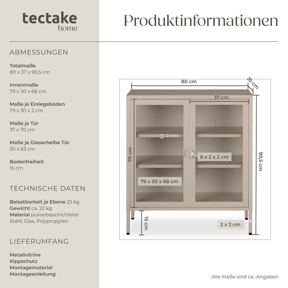 METALLVITRINE Baker, Kippschutz, höhenverstellbare Füße, taupe - Taupe, Metall (80/90.5/37cm) - tectake