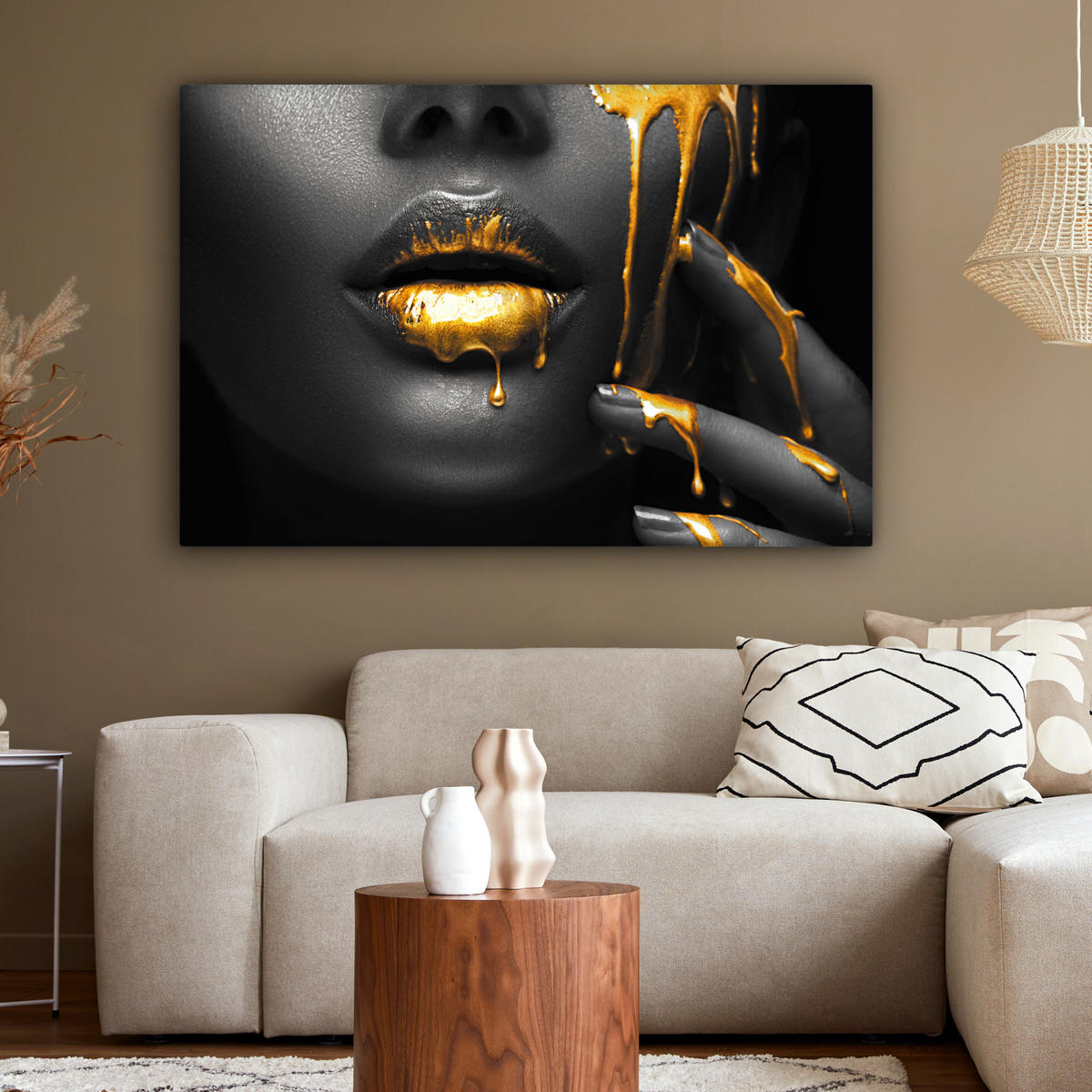 LEINWANDBILD Frau - Schwarz - Gold - Gesicht - Lippen XXL 150x100 cm - Goldfarben, Textil (150/100cm) - MuchoWow