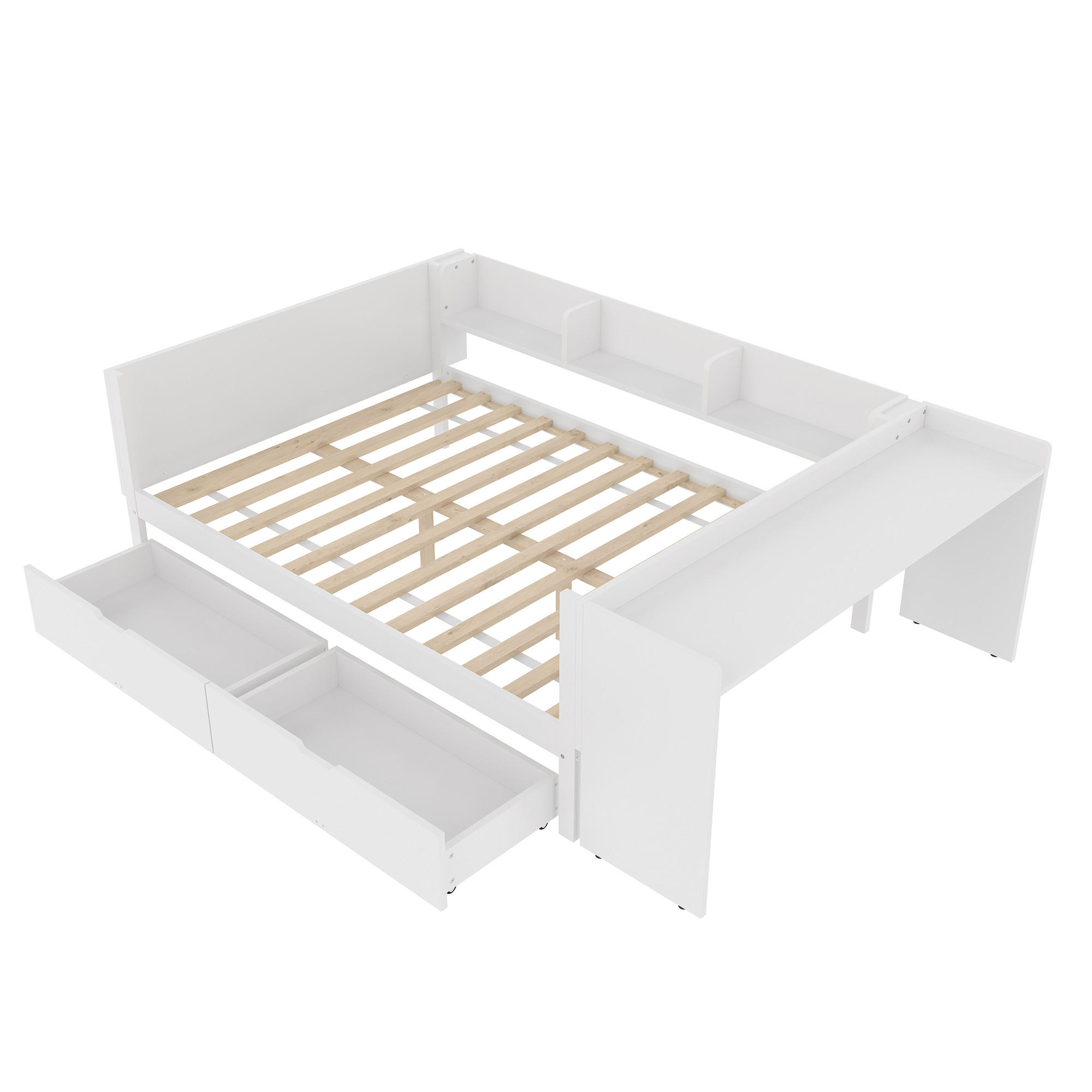 HOLZBETT 140/200 cm DE-04765, mit Schreibtisch, 2 Schubladen und Regalen in Weiß - Weiß, Holz/Holzwerkstoff (140/200cm) - ComfortXL